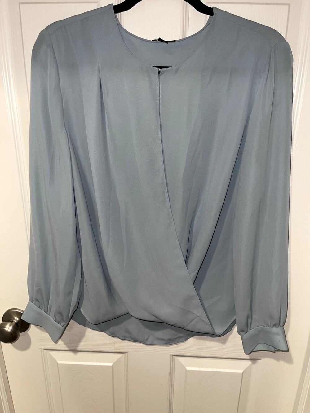 Ann Taylor Petite Dusty Blue Drape Front Long Sleeve Wrap Blouse
